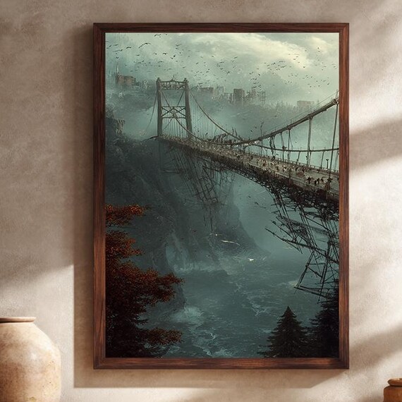 Post-Apocalyptic Ruined Suspension Bridge Over a Misty City Poster