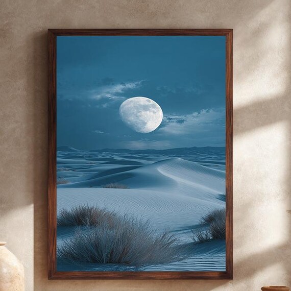 Moonlit Desert Dunes Full Moon Night Landscape Canvas Wall Art Decor