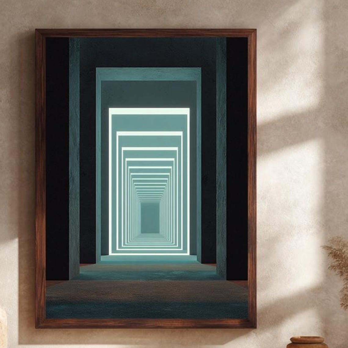 Neon Light Tunnel Teal Geometric Perspective Modern Wall Art