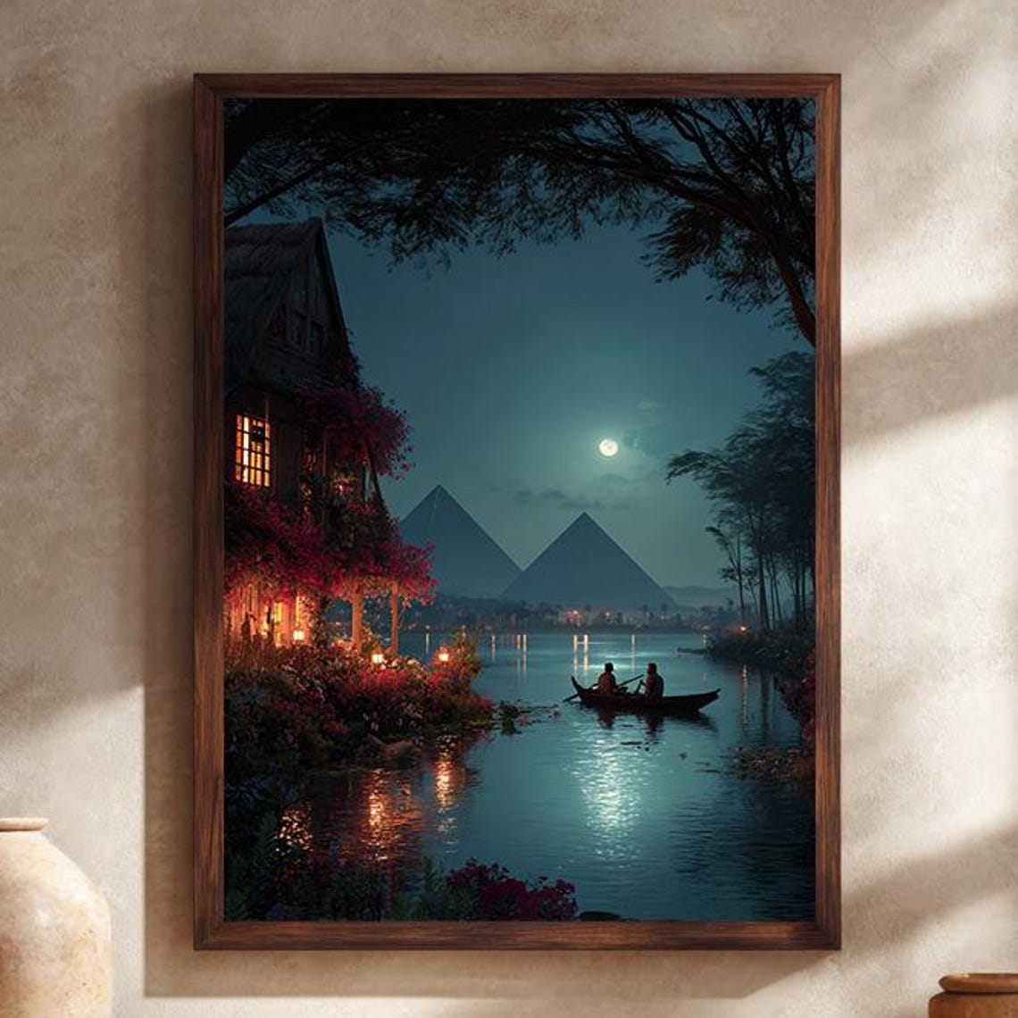 Nile River Moonlight Egypt Pyramids Canvas Wall Art Boat Night Scene