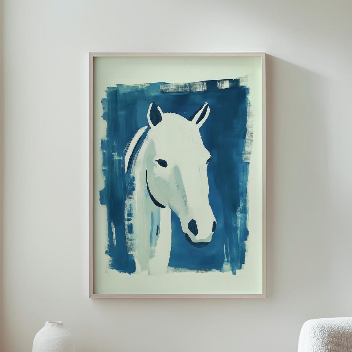 White Horse Portrait on Cobalt Blue Abstract Modern Art Poster
