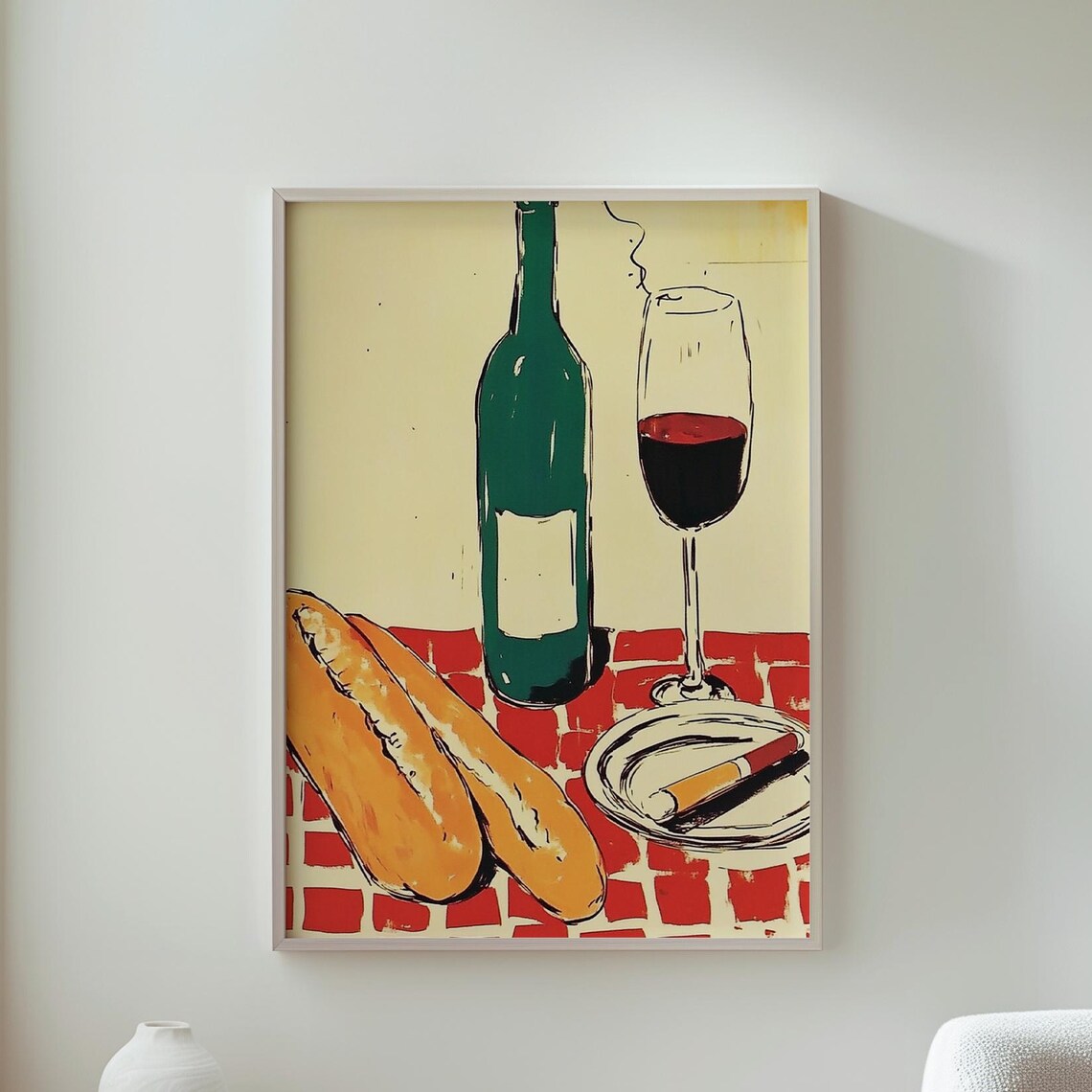 Red Wine Bottle Baguettes Bistro Table Still Life Kitchen Poster