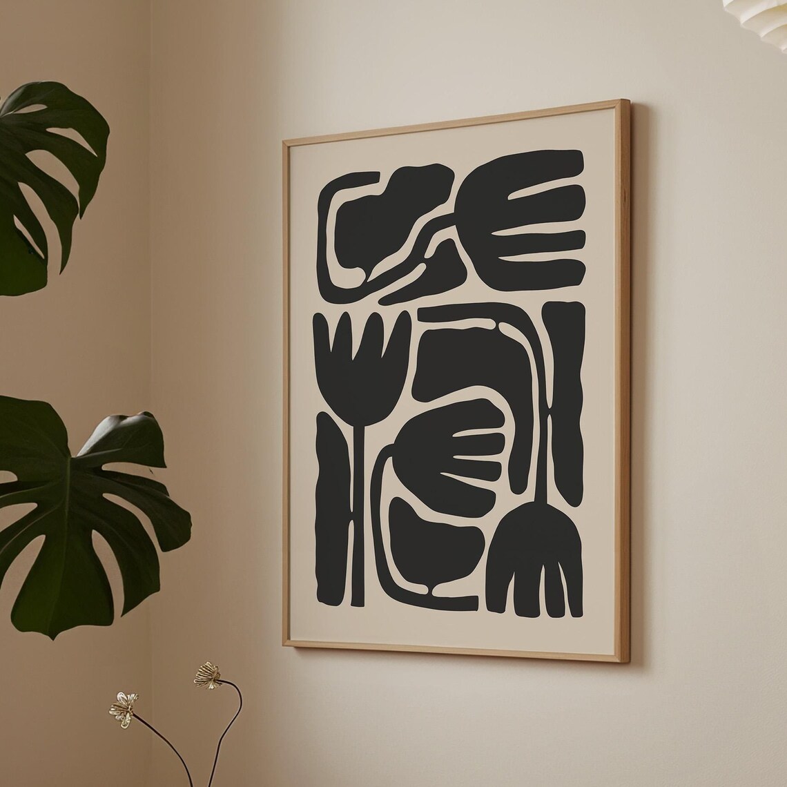 Black Abstract Botanical Shapes Beige Modern Minimalist Art Poster