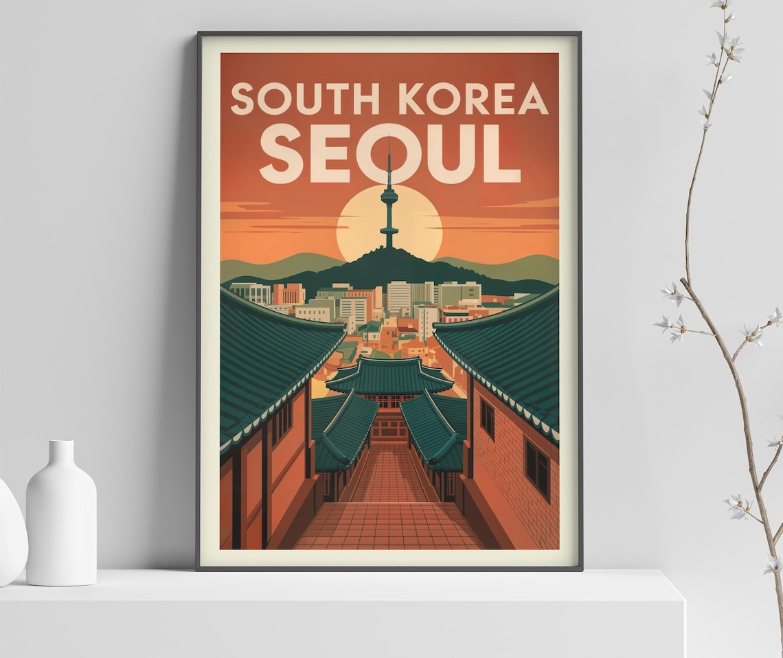 Seoul South Korea N Tower Sunset Hanok Vintage Retro Travel Poster