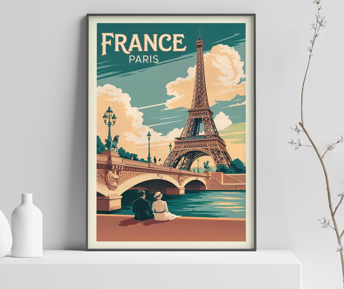 France Paris Eiffel Tower Bridge Couple Riverside Travel Poster