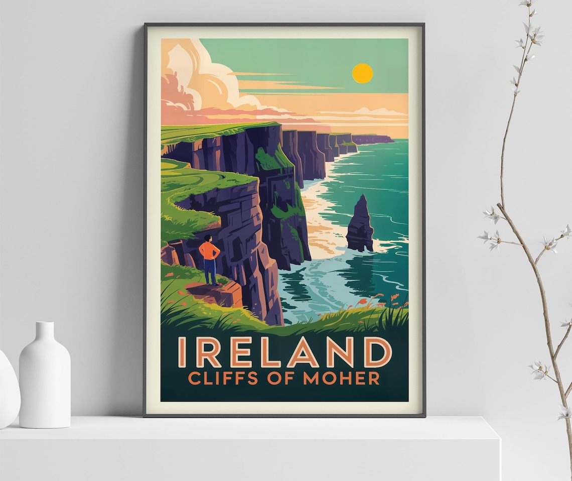 Ireland Cliffs Of Moher Sea Stack Sunset Coastal Travel Poster