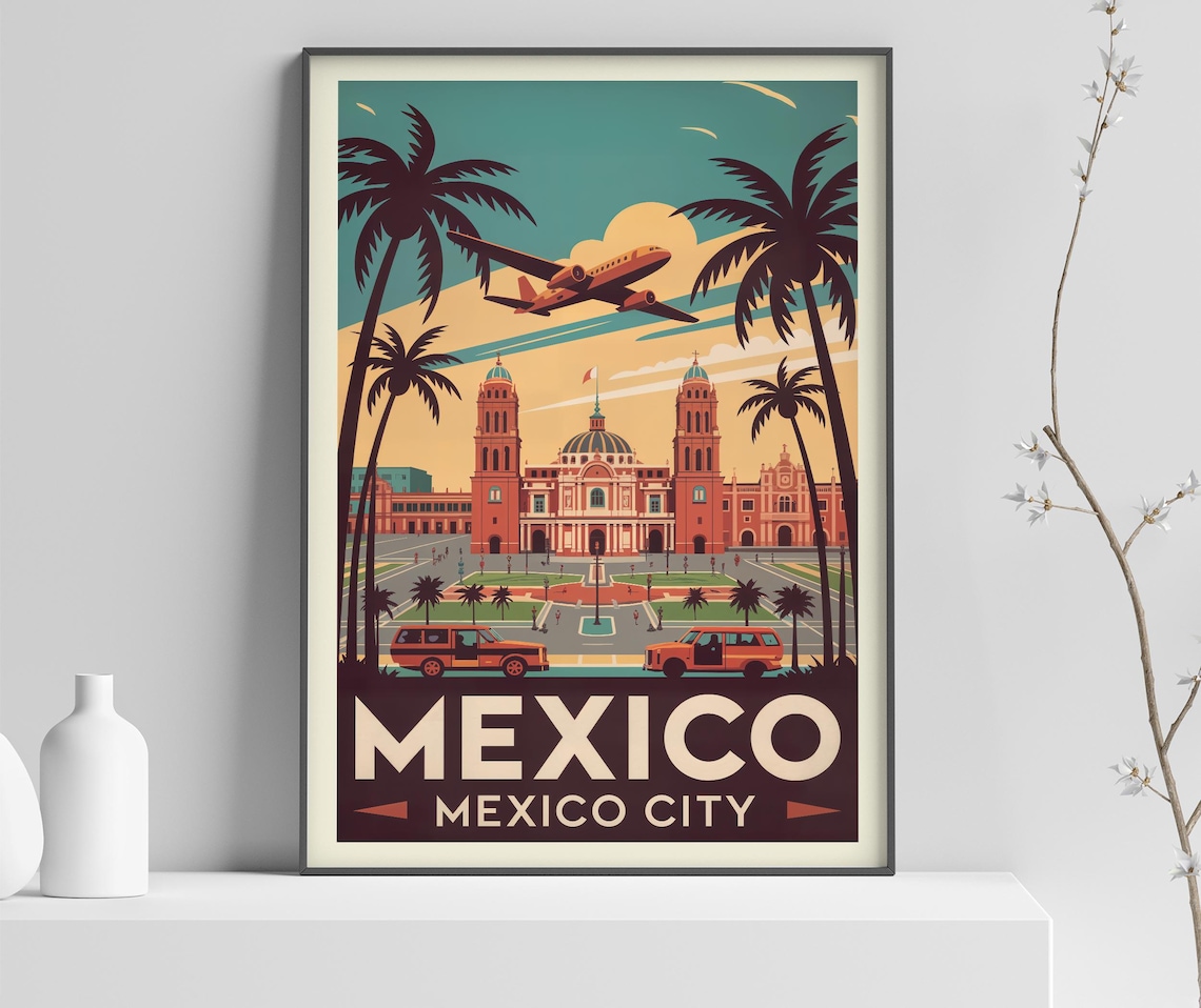 Historic Mexico City Cathedral Retro Airplane Vintage Travel Poster