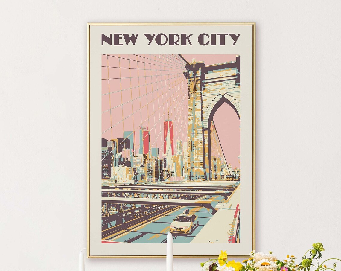 New York Retro NYC Poster, Brooklyn Bridge Print