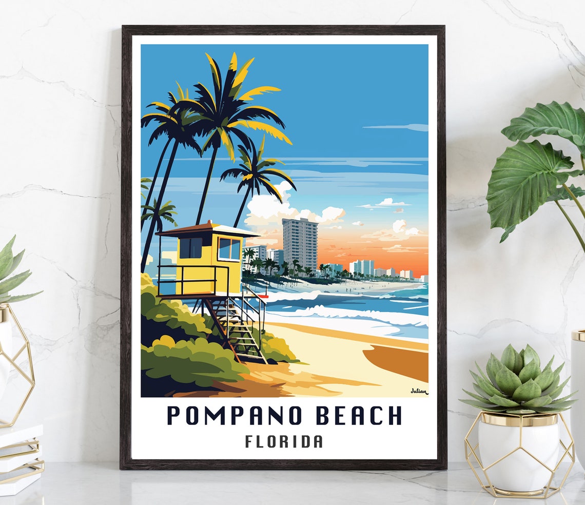 Pompano Beach Florida Lifeguard Tower City Shoreline Scene Poster