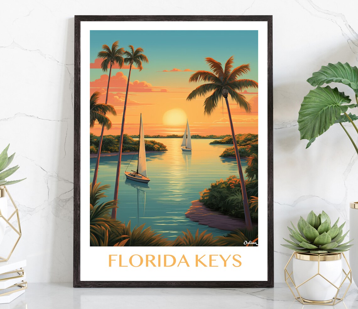 Florida Keys Golden Sunset Waterway Sailing Boats Travel Poster