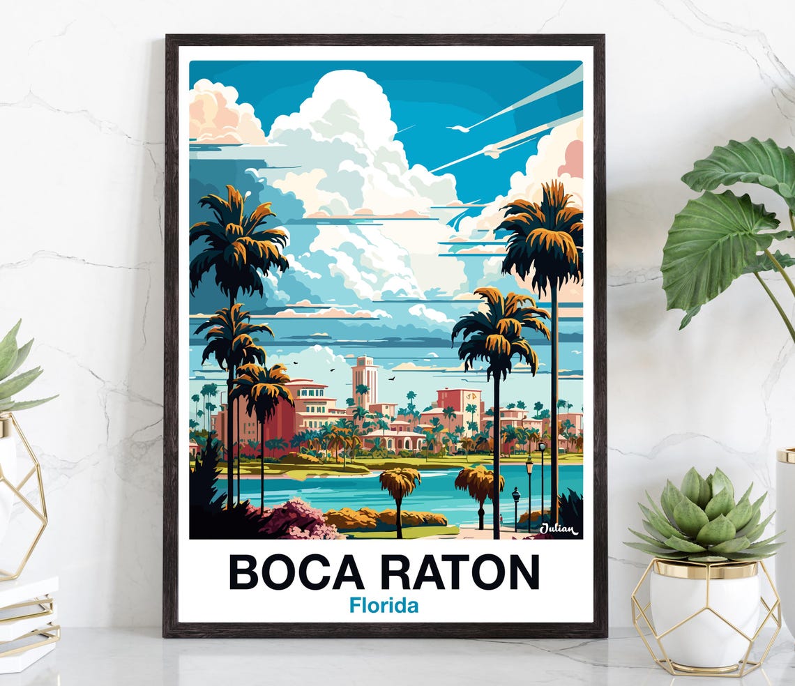 Boca Raton Palm-Lined Lakeside Skyline Florida Travel Poster