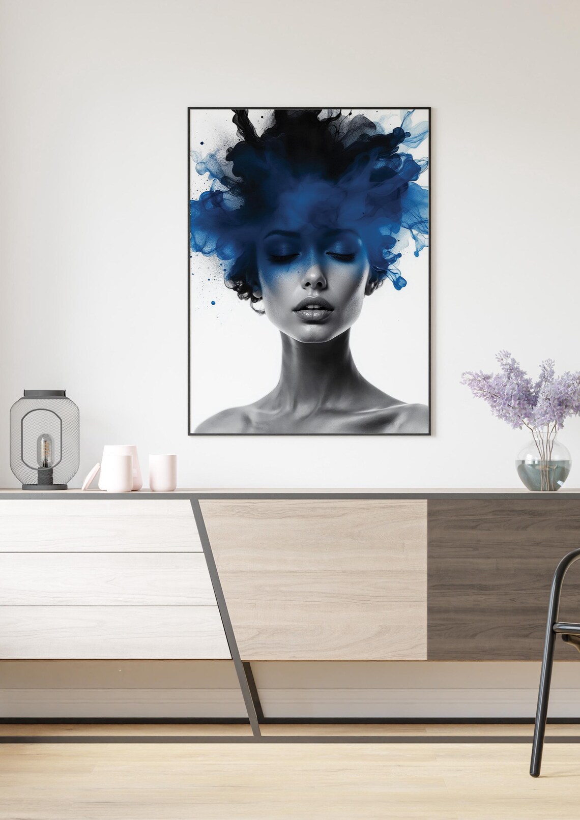 Grayscale Woman Portrait with Blue Ink Smoke Cloud Art Poster - Image 2