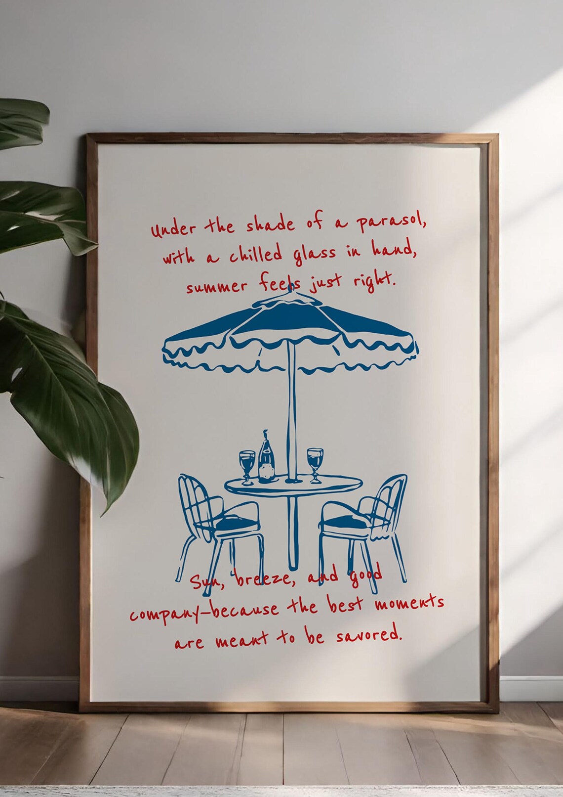Blue Parasol Minimalist Poster, Red Typography