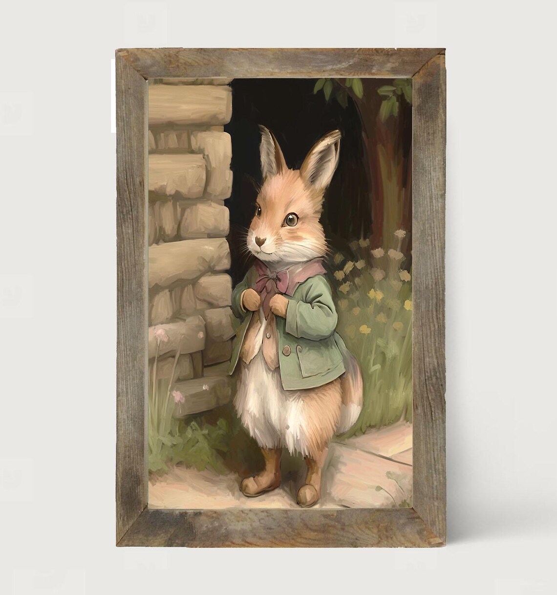 Dressed Bunny Storybook Rabbit Green Jacket Stone Wall Nursery Framed Poster - Image 3