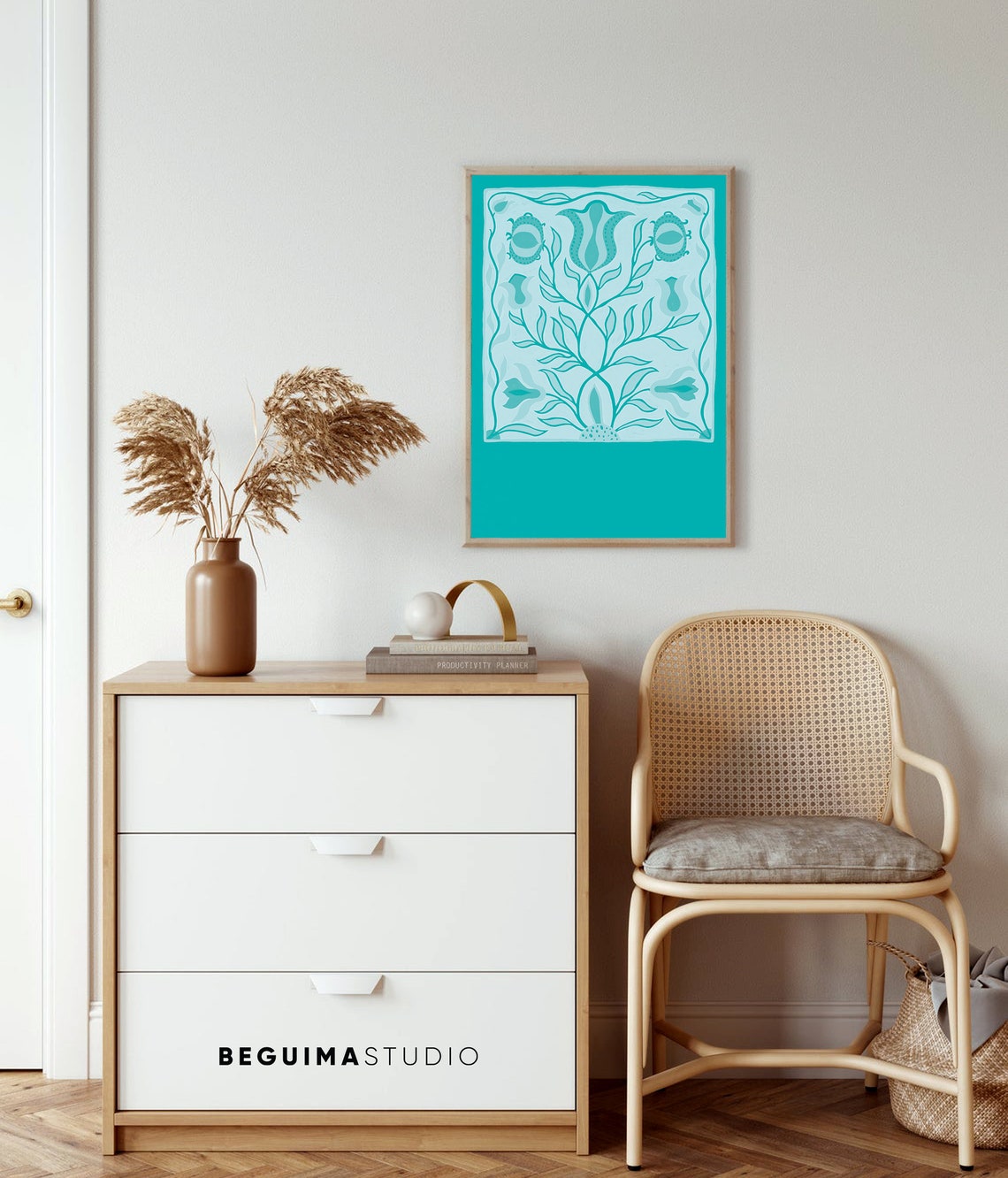 Turquoise Folk Floral Abstract Flower Painting Modern Botanical Poster - Image 2