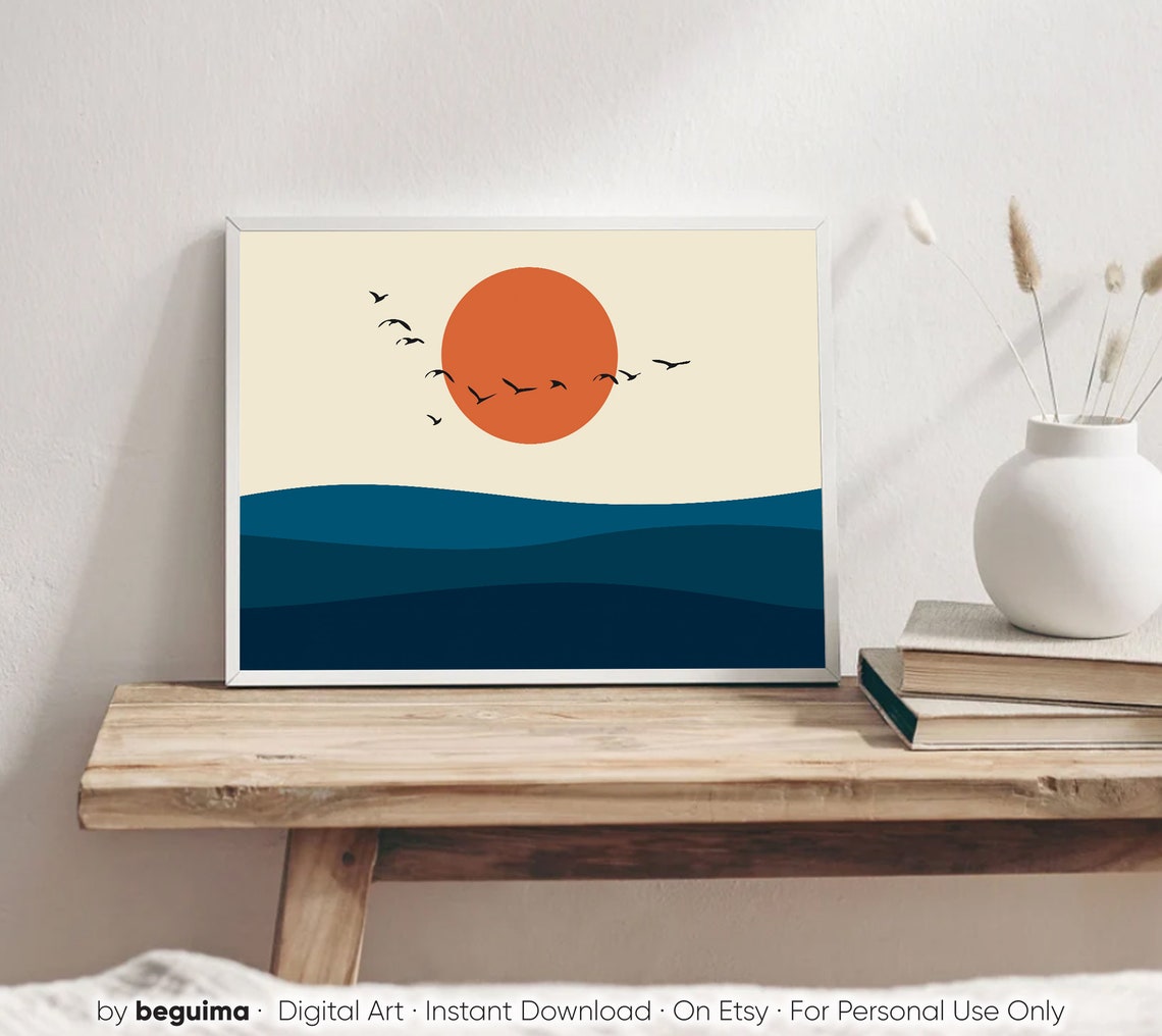 Boho Sunset Ocean Waves Bird Silhouettes Minimalist Beach Poster - Image 2