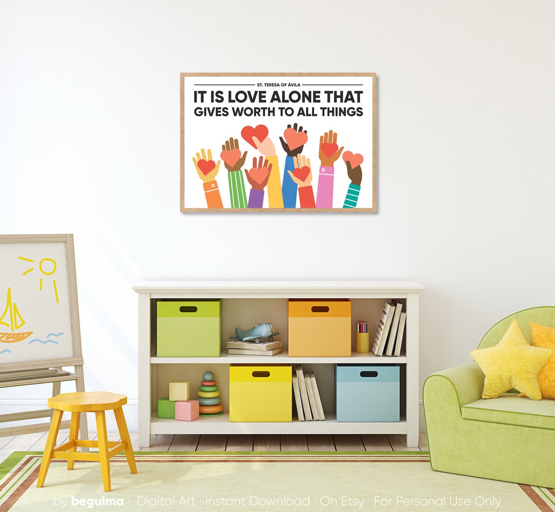 Saint Teresa Of Avila Love Alone Quote Raised Hands Hearts Poster - Image 4