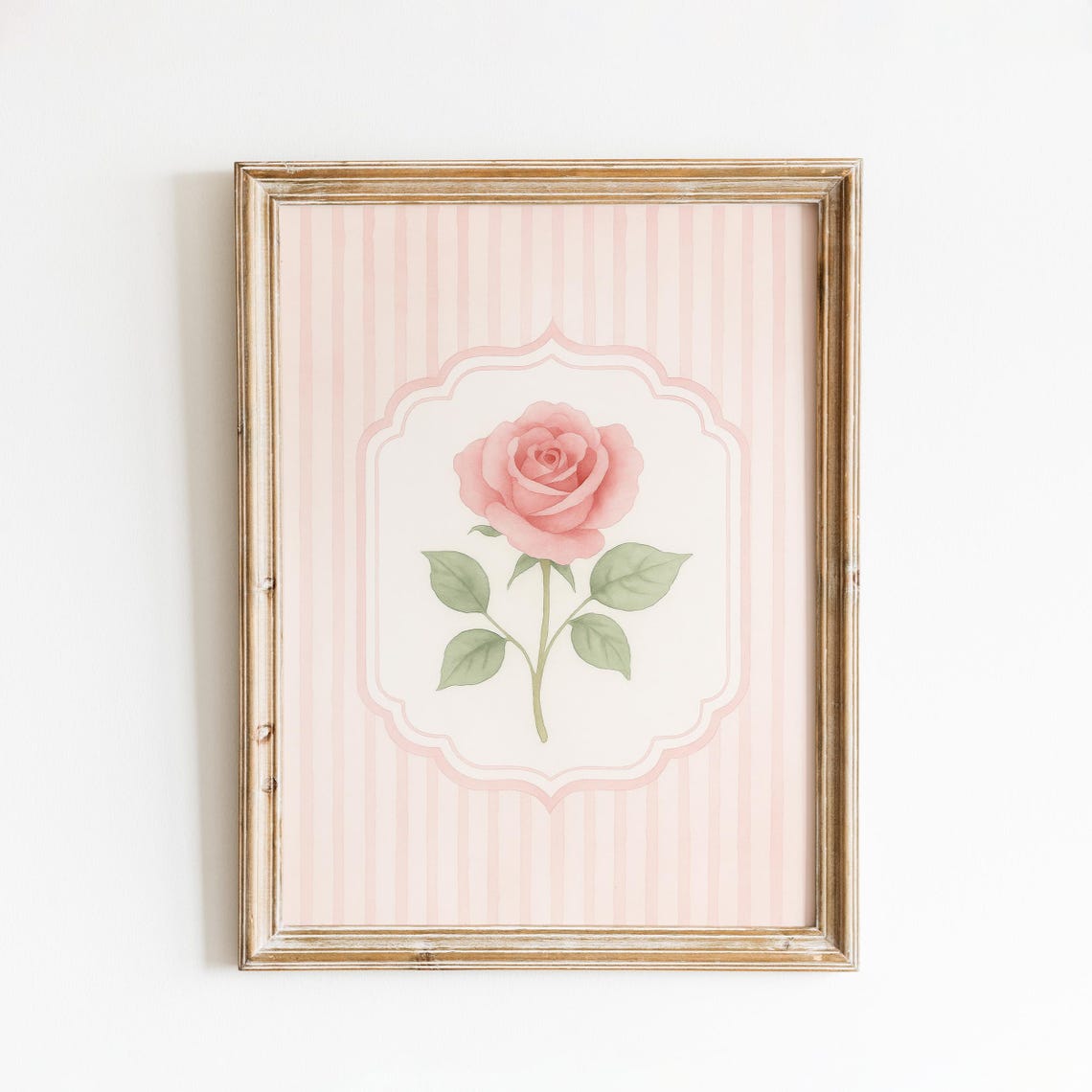 Pink Rose Botanical Stem Blush Stripe Vintage Floral Wall Art