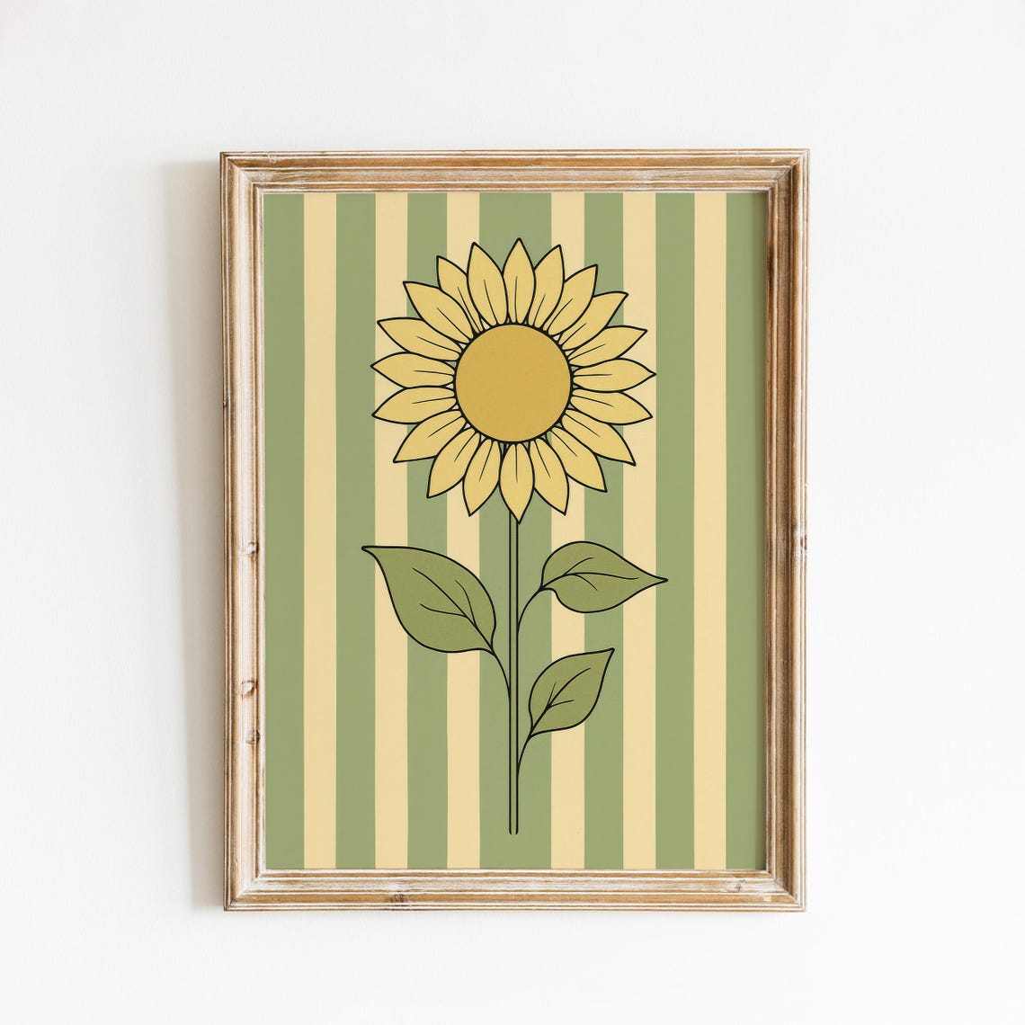 Golden Sunflower Line Art Green Striped Vintage Botanical Poster