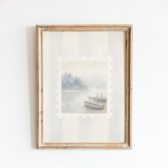 Misty Lake Canoe Wooden Dock Soft Watercolor Minimal Stamp Poster