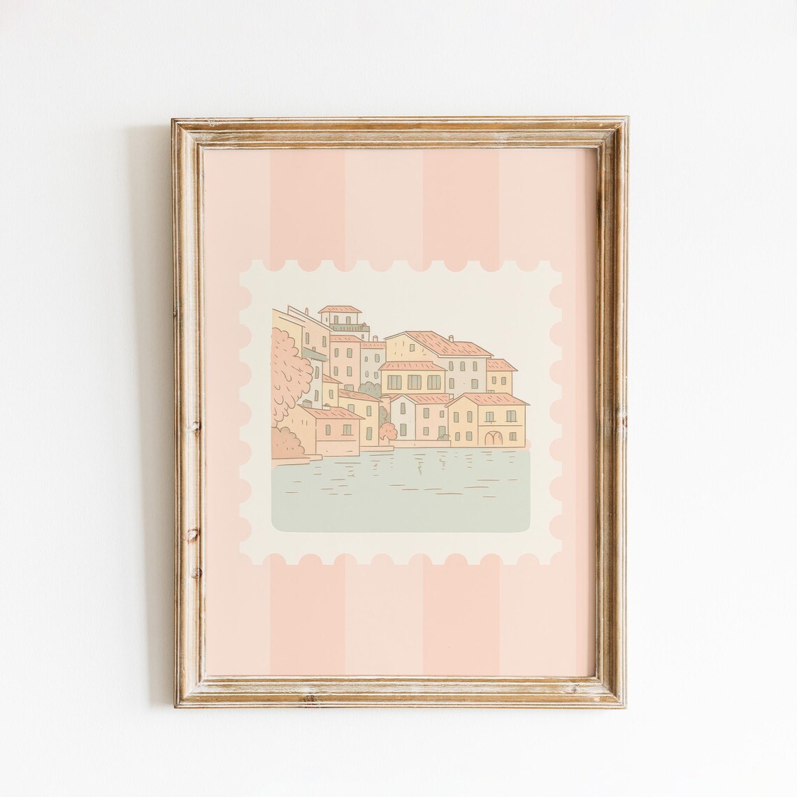 Italian Waterfront Village Terracotta Roofs Pastel Stamp Travel Poster