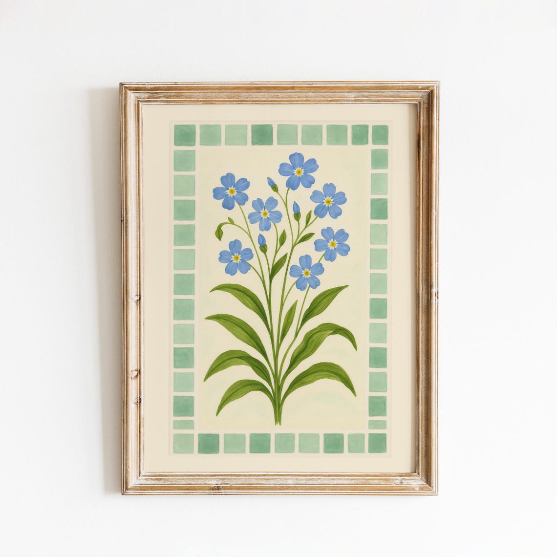 Forget Me Not Blue Flowers Watercolor with Green Tile Border Poster