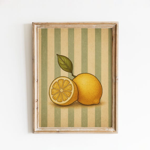 Lemon Kitchen Wall Art Rustic Yellow Citrus Print With Vintage Stripes