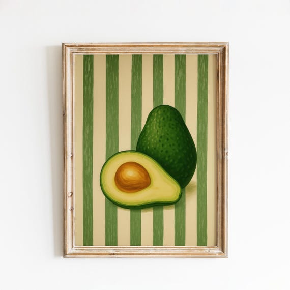 Avocado Kitchen Art Green Fruit On Vintage Stripes Poster