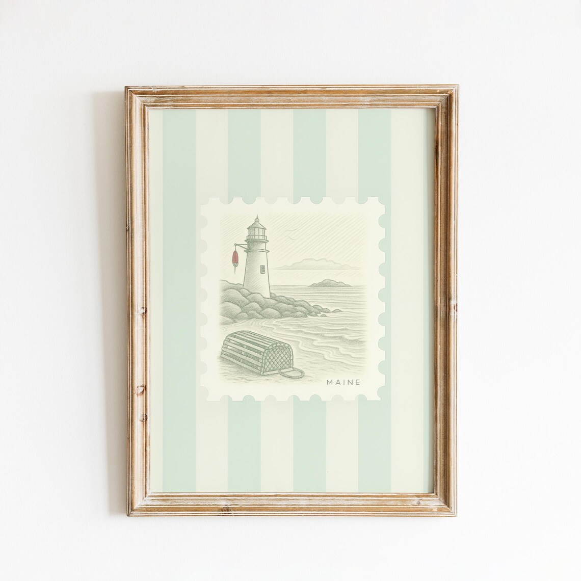 Maine Lighthouse Lobster Trap Coastal Vintage Stamp Art Print