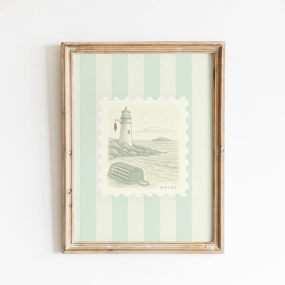 Maine Lighthouse Lobster Trap Coastal Vintage Stamp Art Print