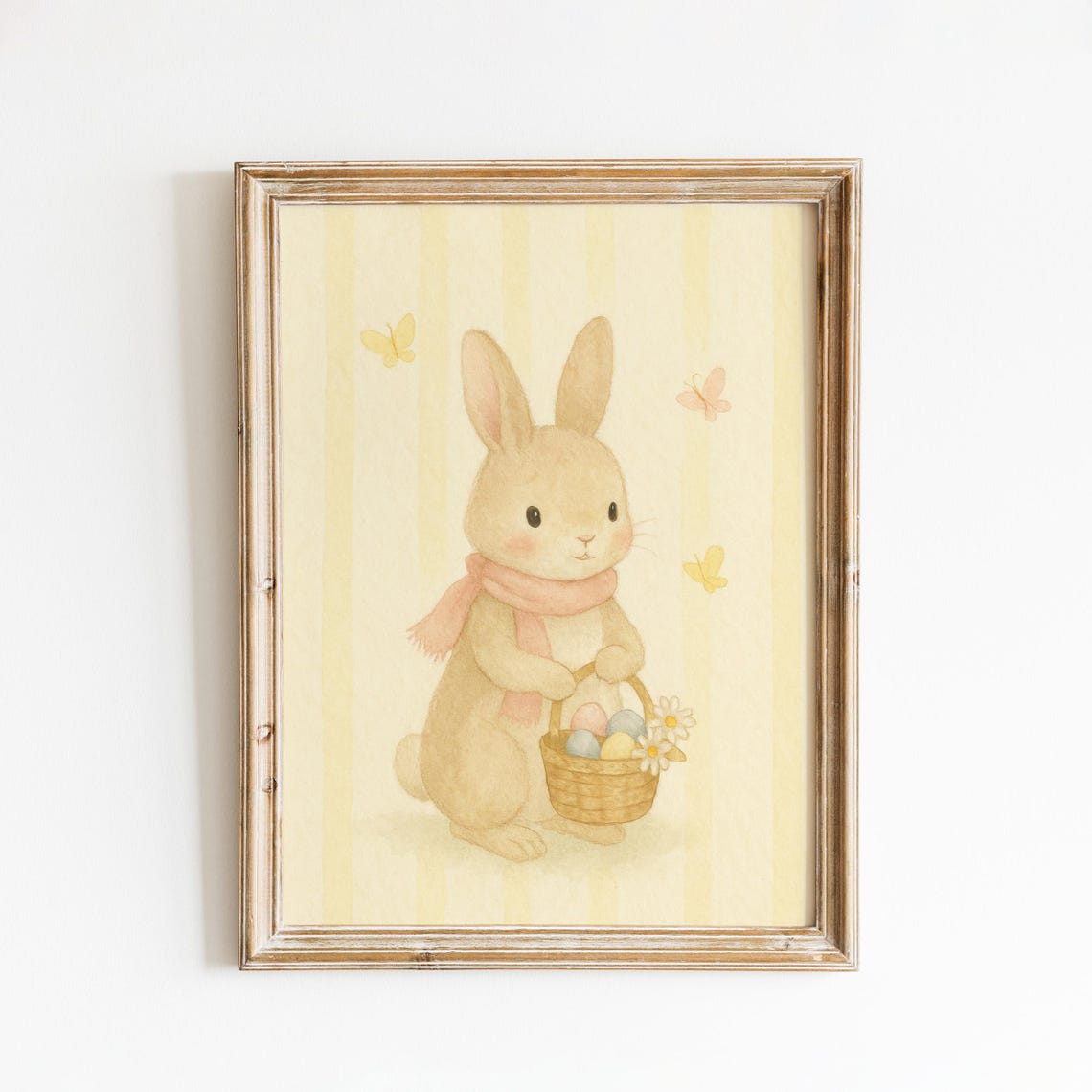 Easter Bunny Wall Art Pastel Nursery With Basket And Butterflies Spring Animal Decor