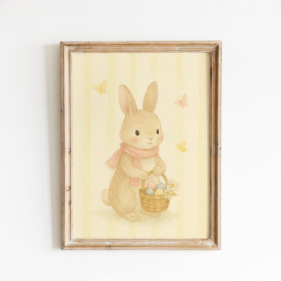 Easter Bunny Wall Art Pastel Nursery With Basket And Butterflies Spring Animal Decor