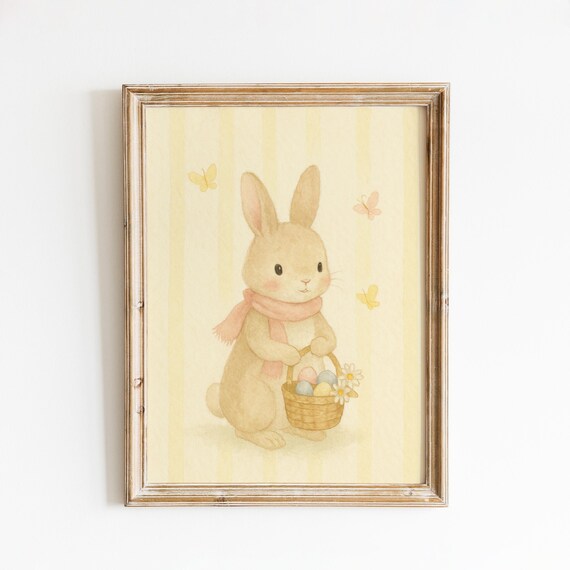 Easter Bunny With Basket Pastel Spring Nursery Watercolor Poster