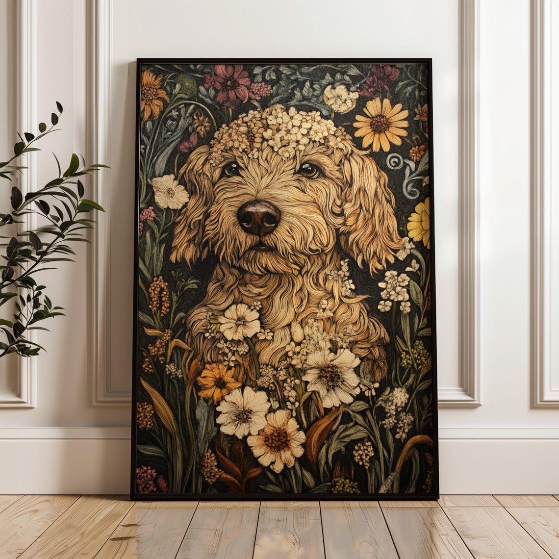 Golden Doodle Dog Flower Crown Cream Wildflowers Dark Meadow Poster