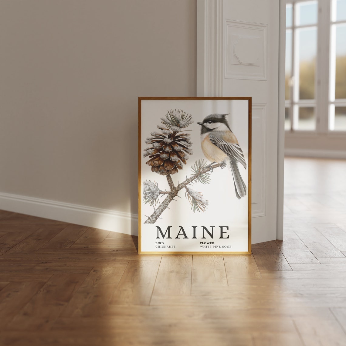Maine State Bird Chickadee And White Pine Cone Botanical Art Print - Image 3