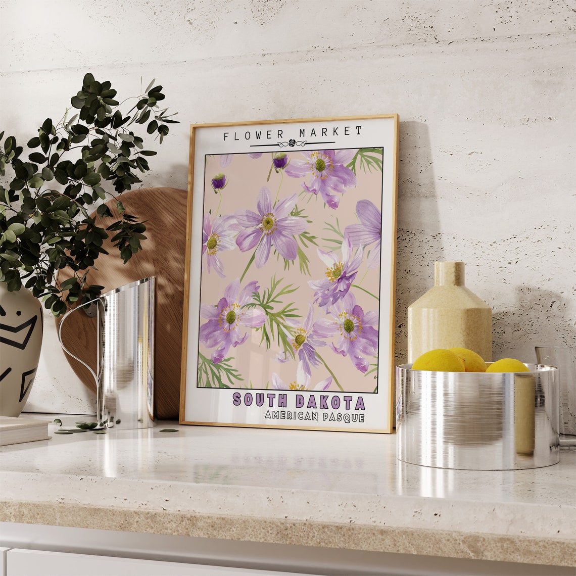 South Dakota American Pasque Flower Market Botanical Art Print - Image 2