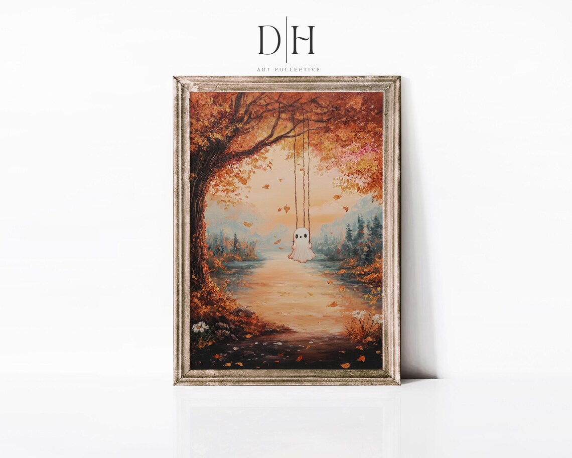 Cute Ghost Swinging Over Lake Sunset Autumn Tree Swing Halloween Poster