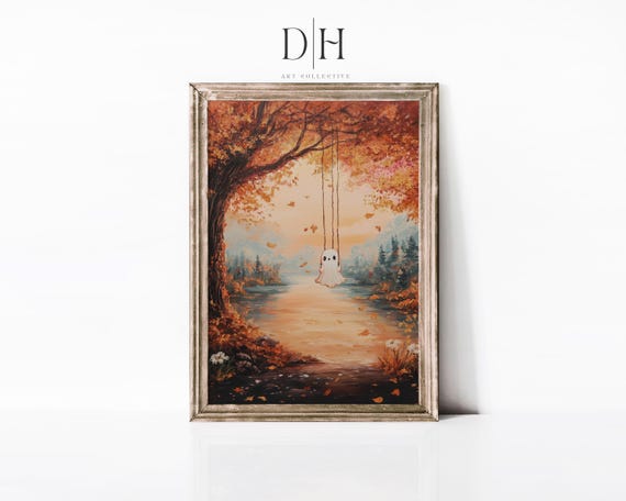 Cute Ghost Swinging From A Tree Art Halloween Autumn Artwork Fall Authentic Art Print Autumn Colors