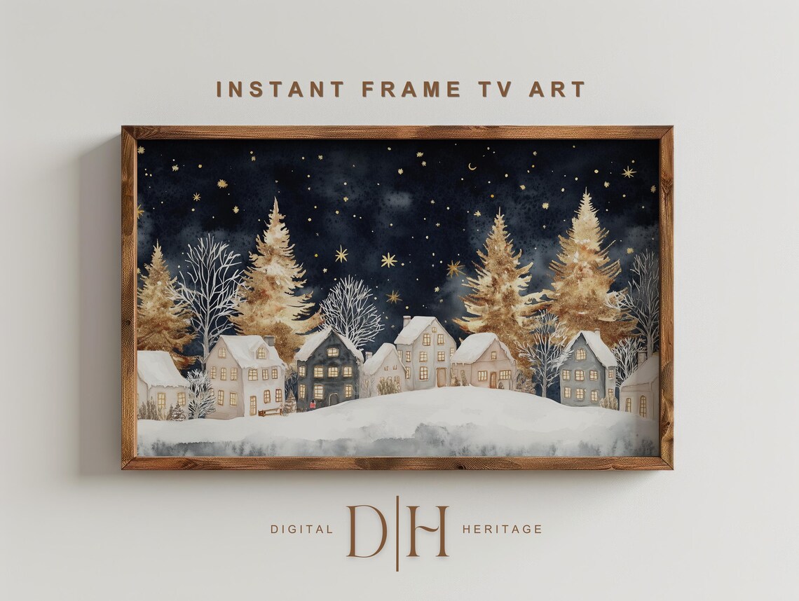 Snowy Christmas Village Golden Stars Frame TV Screensaver Art Print