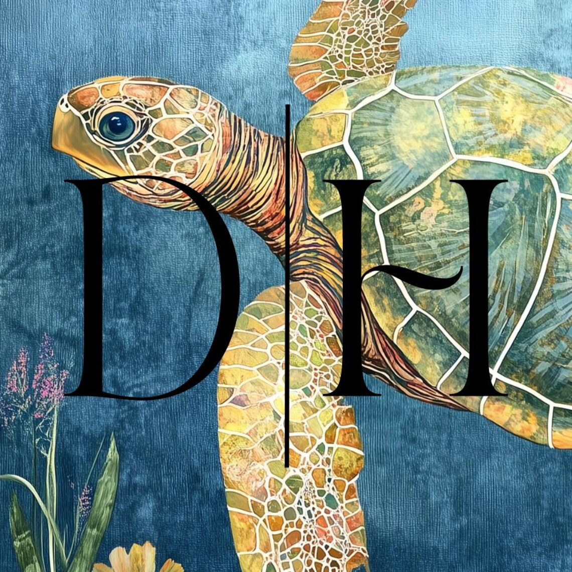 Sea Turtle Swimming Blue Ocean Wildflowers Seagrass Nautical Poster - Image 3