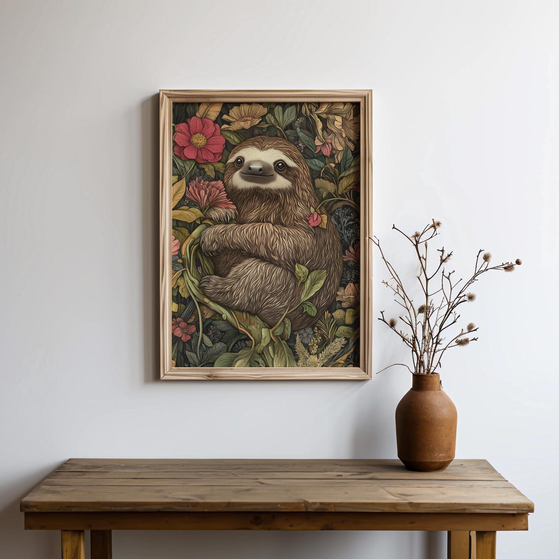 Smiling Sloth Wrapped On Branch Red Blossoms Cottagecore Art Poster - Image 2
