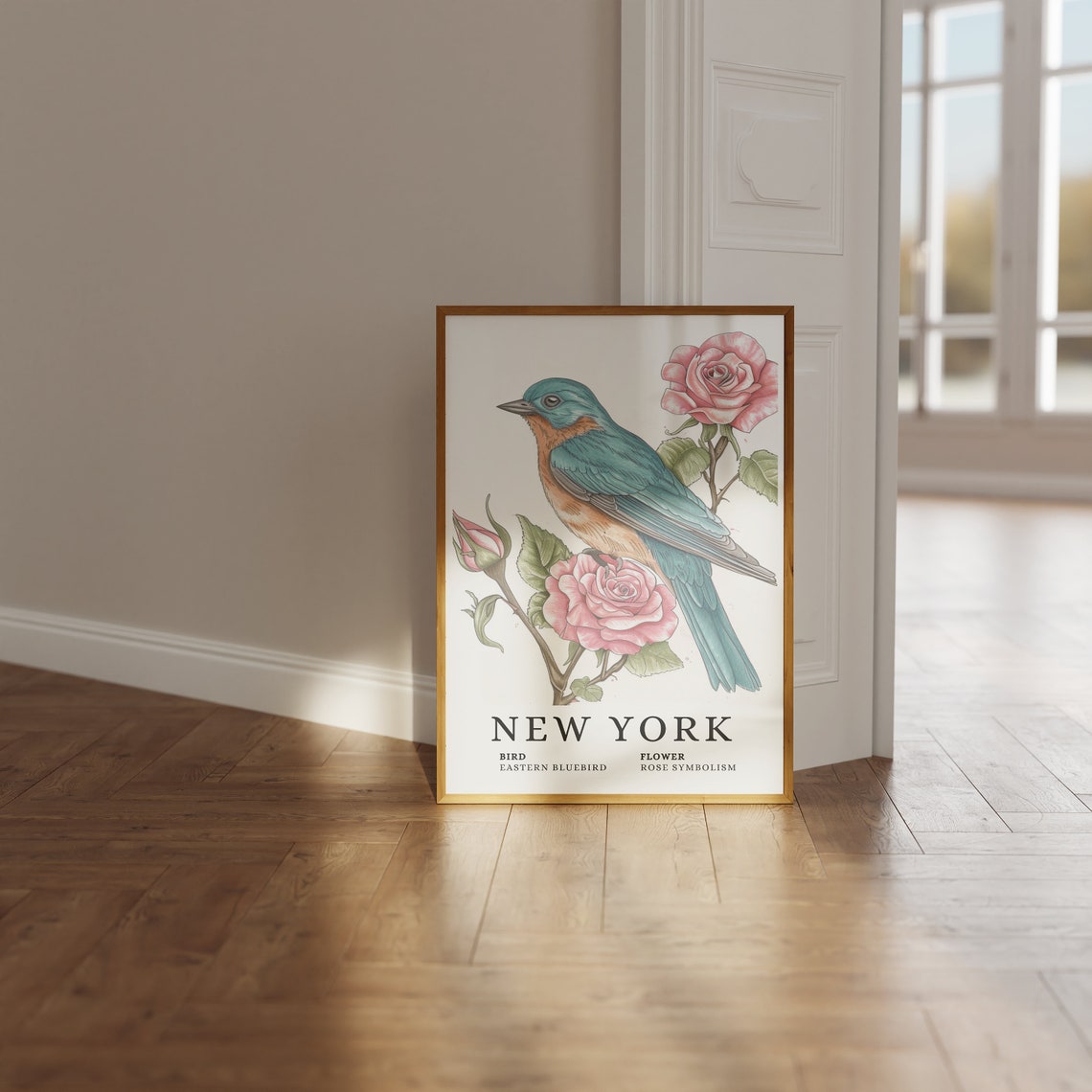 New York Eastern Bluebird Rose Bird and Flower Botanical Art Print - Image 3