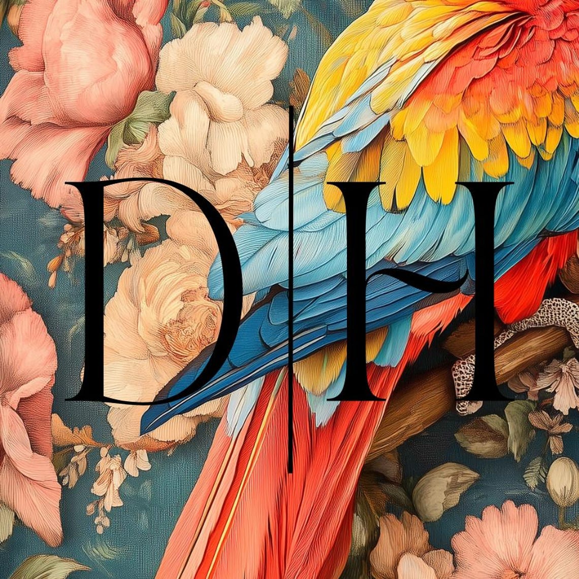 Scarlet Macaw Parrot Perched Among Pink Roses Teal Floral Art Poster - Image 3