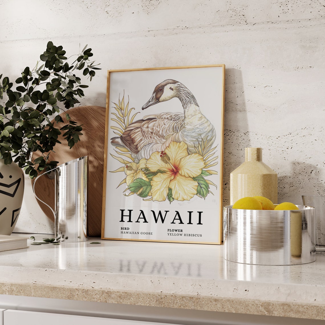 Hawaii Hawaiian Goose Yellow Hibiscus Bird and Flower Art Print - Image 2