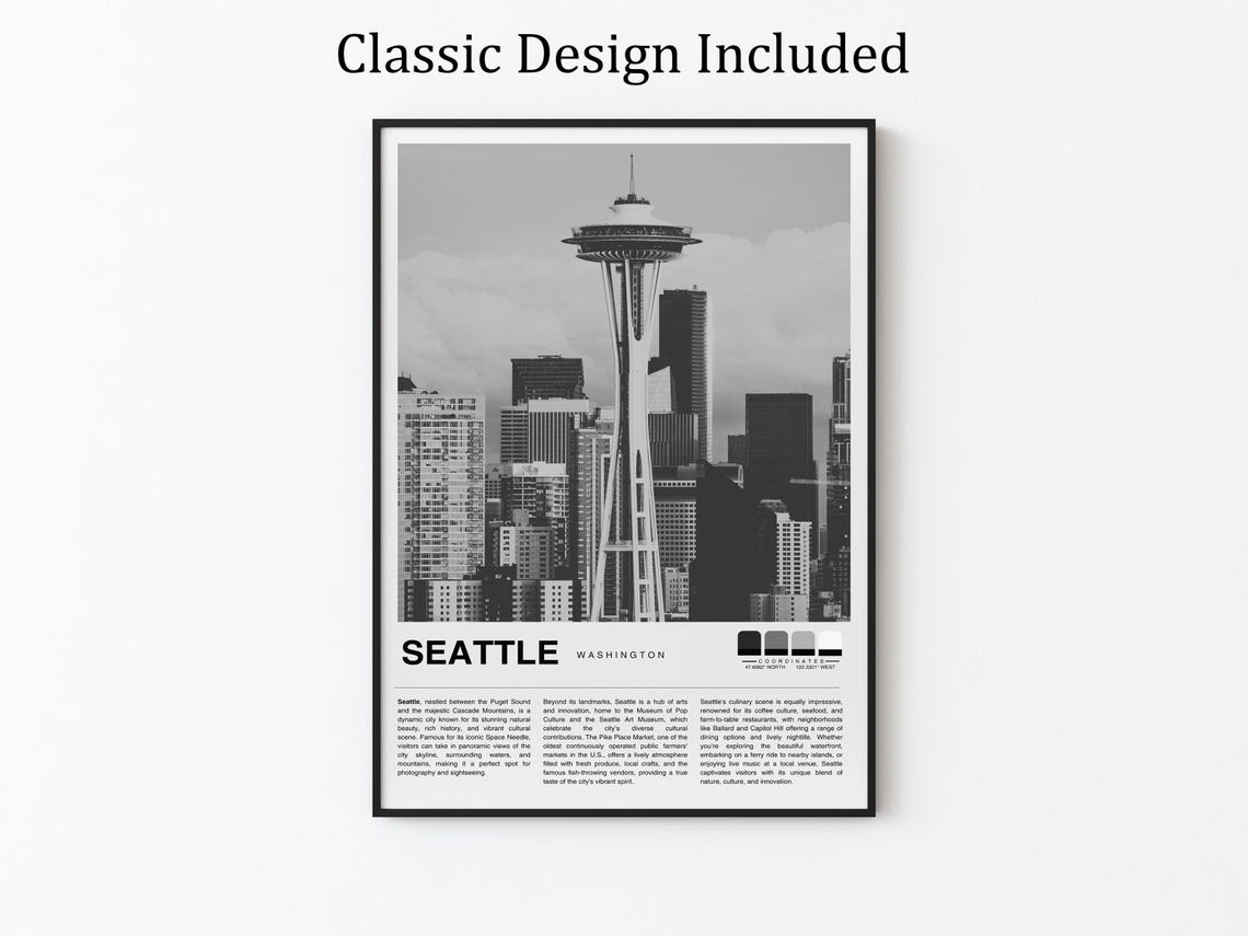 Seattle Washington Space Needle Downtown Skyline City Travel Poster - Image 2