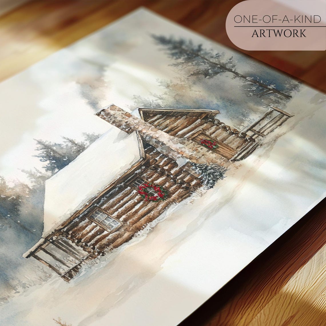 Log Cabin Snowy Forest Christmas Wreath Cozy Winter Watercolor Poster - Image 2