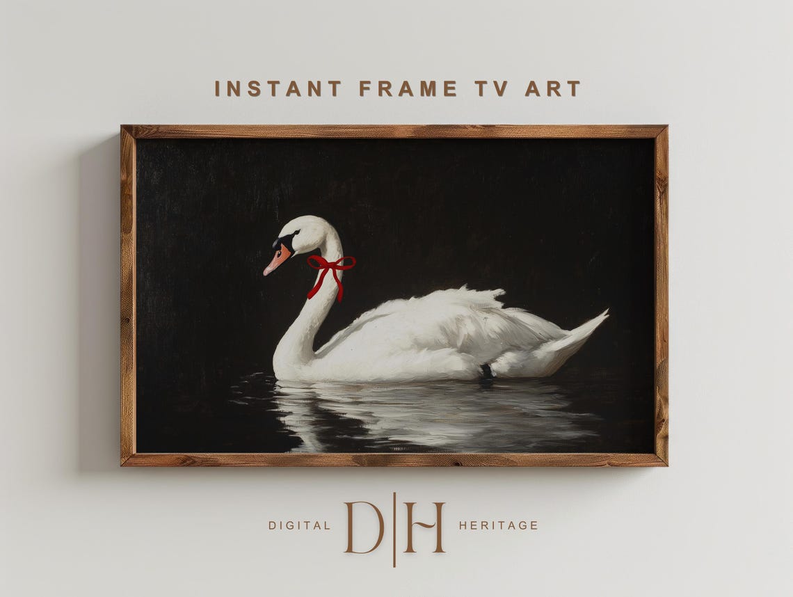 White Swan With Red Ribbon Dark Moody Frame TV Screensaver Art Print