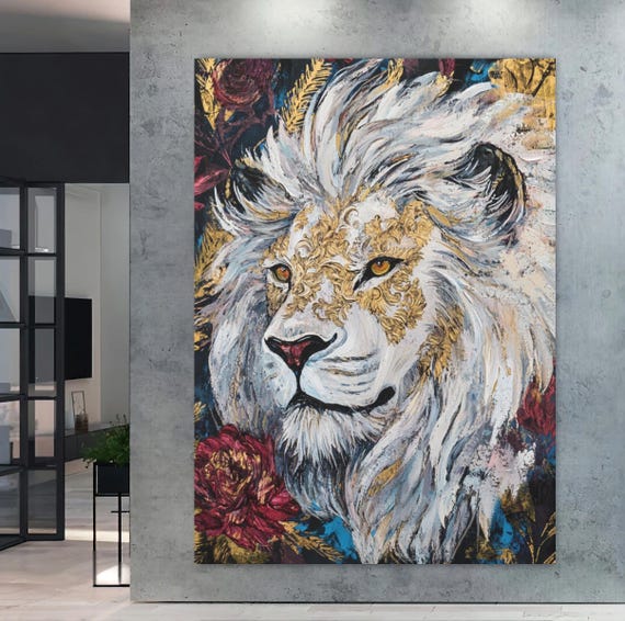 White Lion Canvas Wall Art Modern Luxury Animal Painting Regal Jungle King Poster Gold Accent Safari Decor Bold Wildlife Artwork