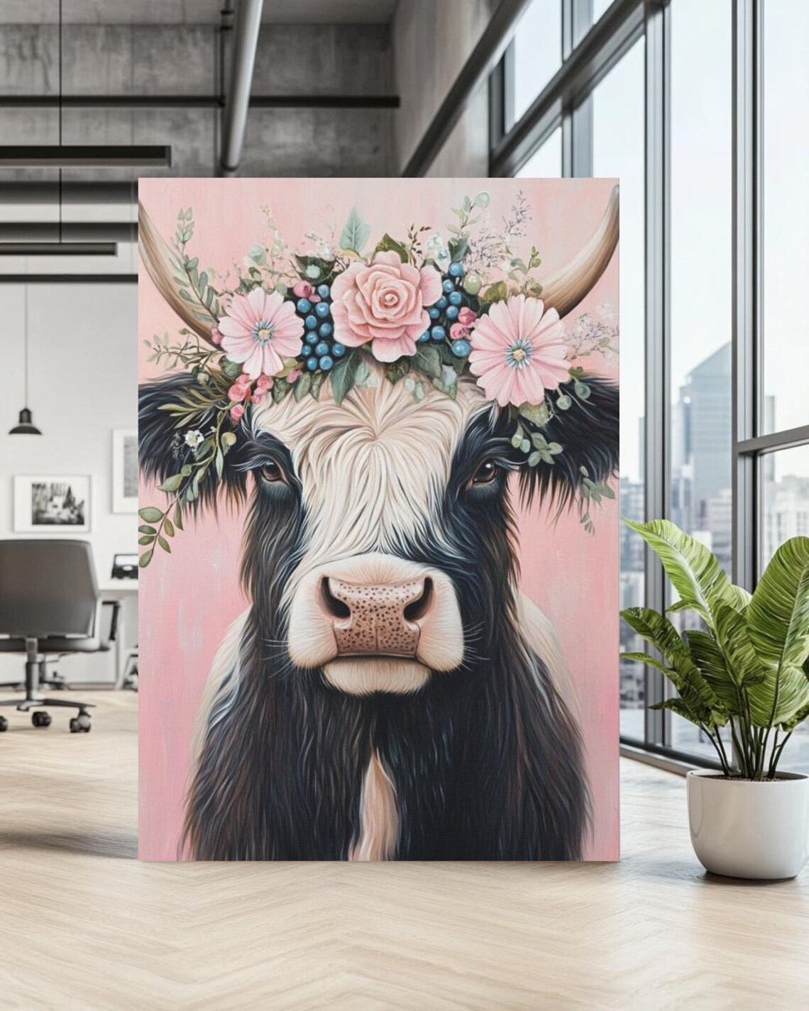 Highland Cow With Floral Crown Pink Farmhouse Nursery Wall Art