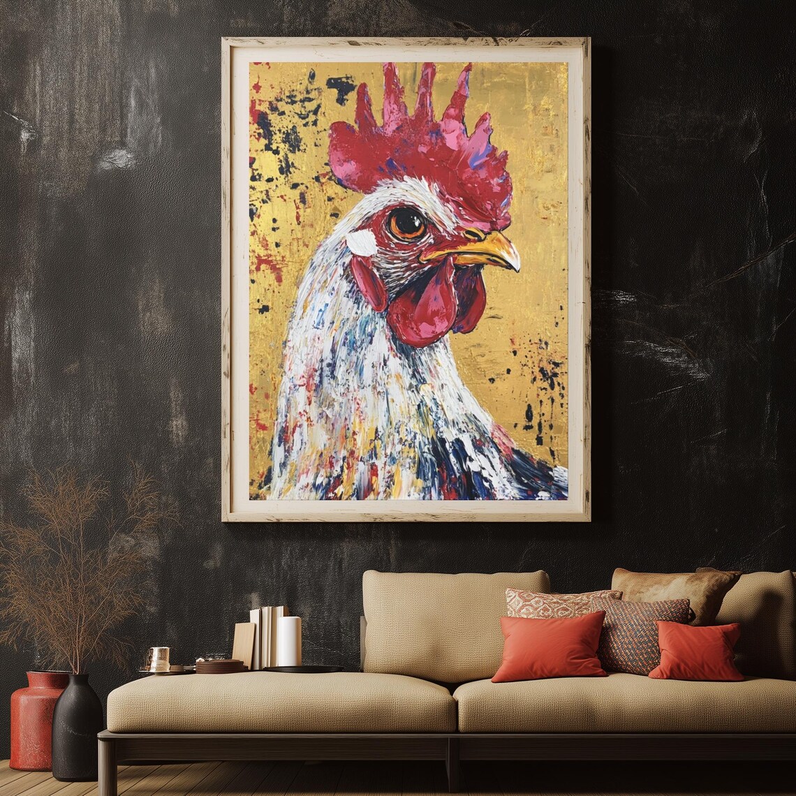 Colorful Rooster Portrait Gold Background Farm Chicken Poster